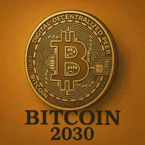 Bitcoin 2030: digital coin with circuitry design, futuristic tech theme on brown background.