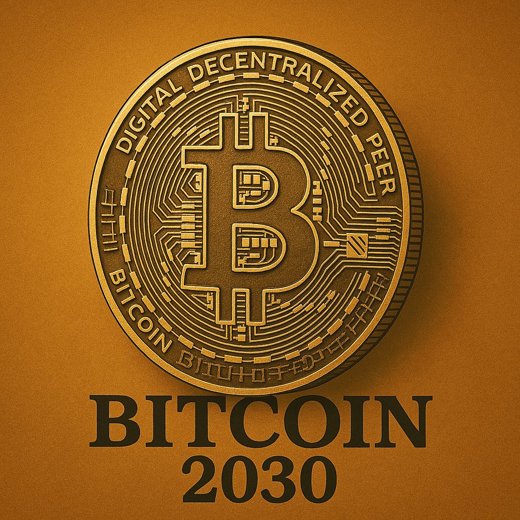 Bitcoin 2030: digital coin with circuitry design, futuristic tech theme on brown background.
