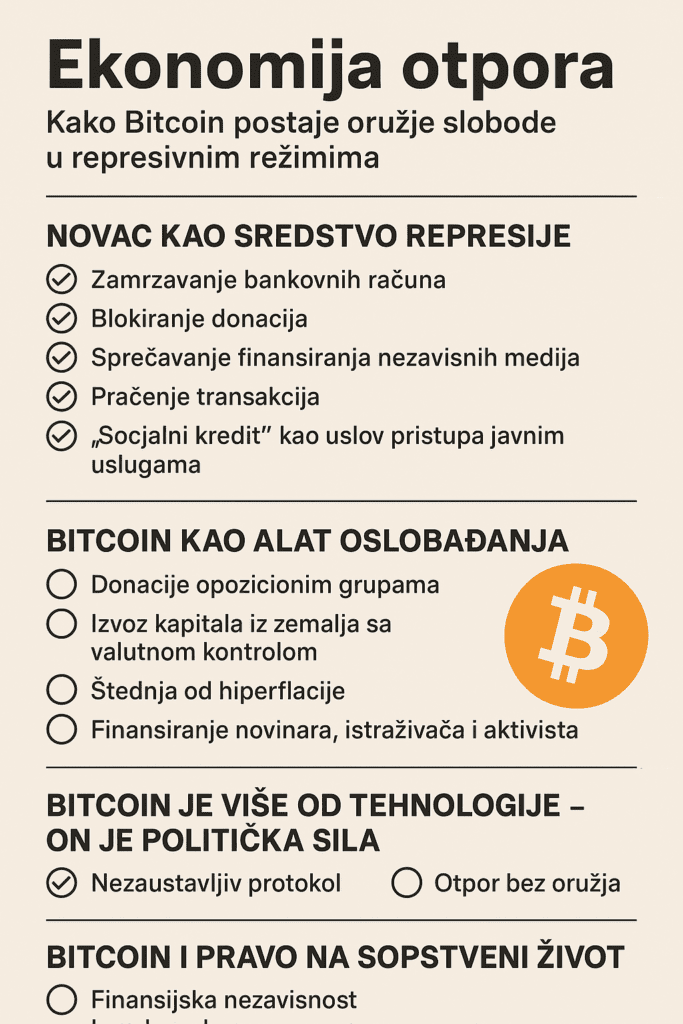 Plakat o ulozi Bitcoina u borbi protiv represivnih režima i financijskoj slobodi. ekonomija otpora