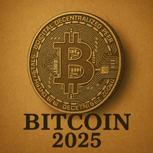 Stilizirana BITCOIN slika, digitalna kriptovaluta, novčić, 2025, decentralizirana financija.