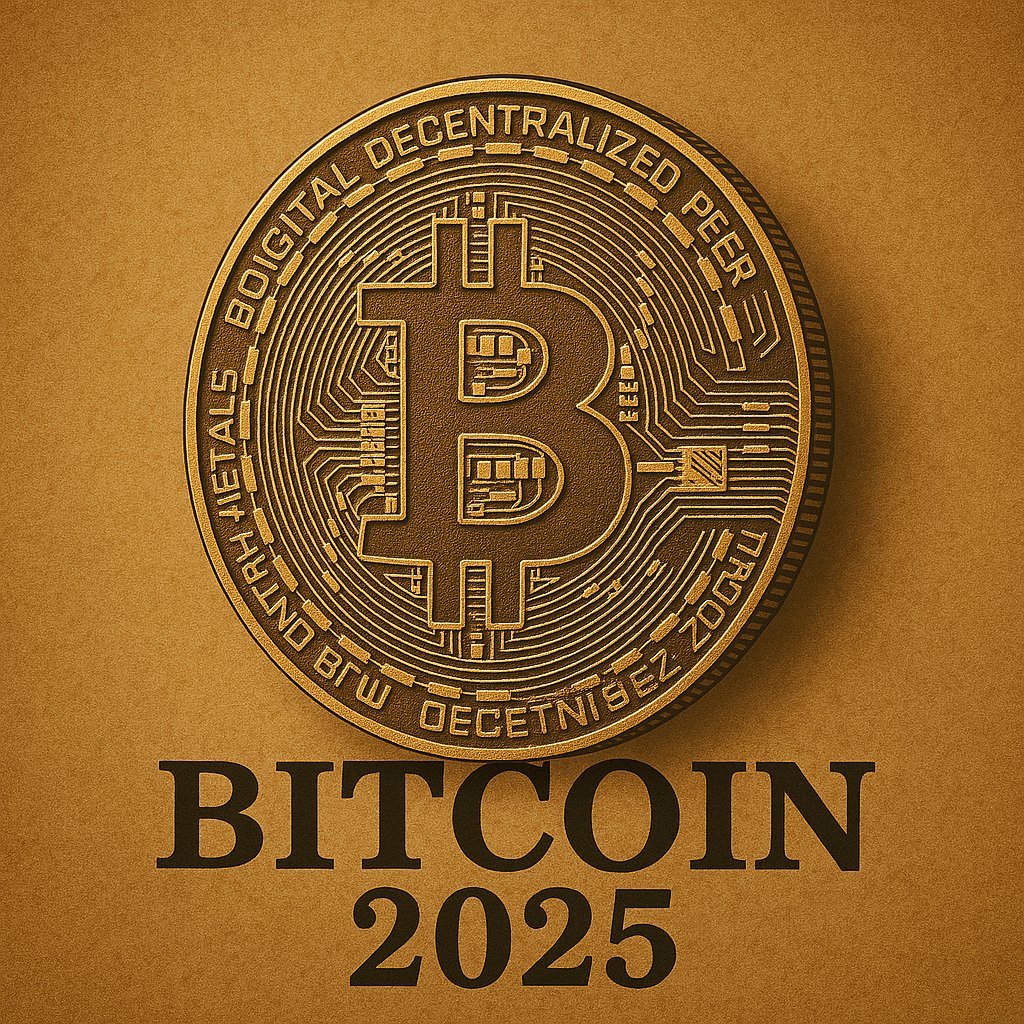 Stilizirana BITCOIN slika, digitalna kriptovaluta, novčić, 2025, decentralizirana financija. 2025 bitcoin