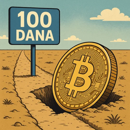 Bitcoin pad u Trumpovh 100 dana Surreal pustinja, Bitcoin simbol, suha zemlja, znak 100 DANA, nebo s nadom.
