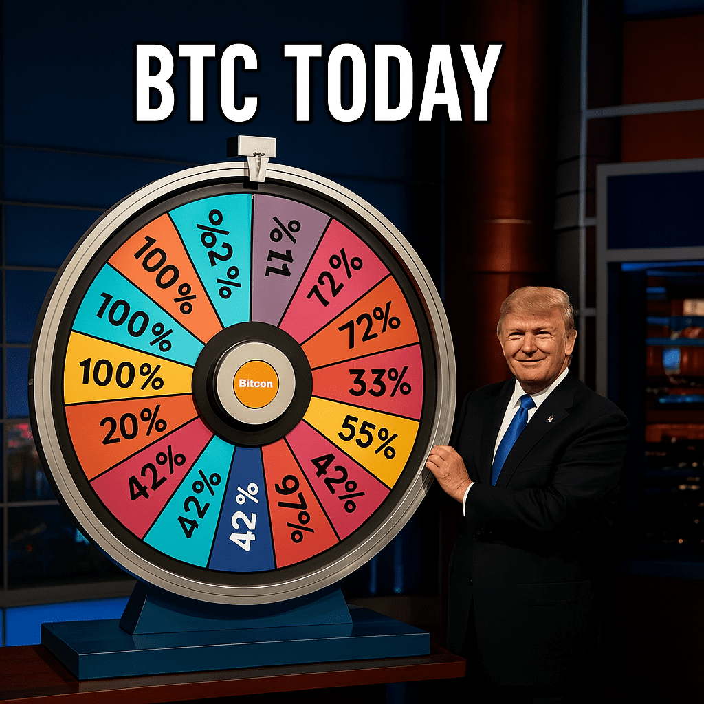 Bitcoin volatilnost ilustrirana na kotaču šarenih postotaka uz voditeljevu prezentaciju. TRAMP POTPISUJE MASIVNU BITKOIN BOMBU!