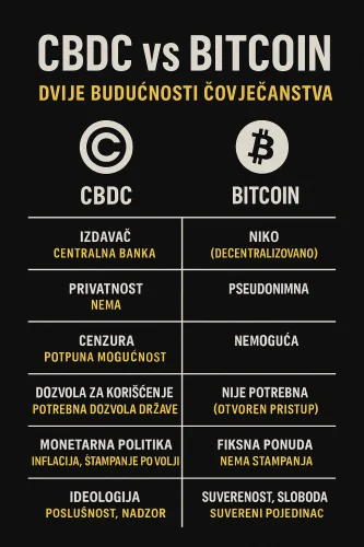 Usporedba CBDC-a i Bitcoina: različite budućnosti financijske slobode i kontrole.