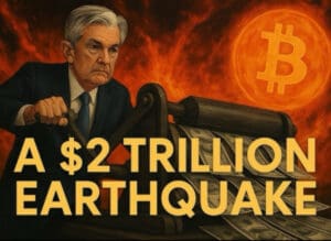 Ilustracija starijeg muškarca na tiskarskom stroju s Bitcoin simbolom i tekstom A $2 Trillion Earthquake..