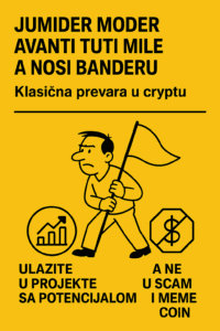 Upozorenje o prevari u kriptovalutama s ilustracijama i tekstom na žutom pozadini.