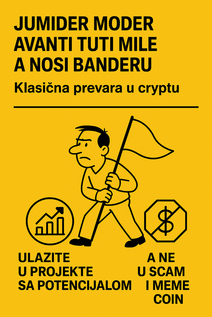 Upozorenje o prevari u kriptovalutama s ilustracijama i tekstom na žutom pozadini. Klasična prevara u cryptu