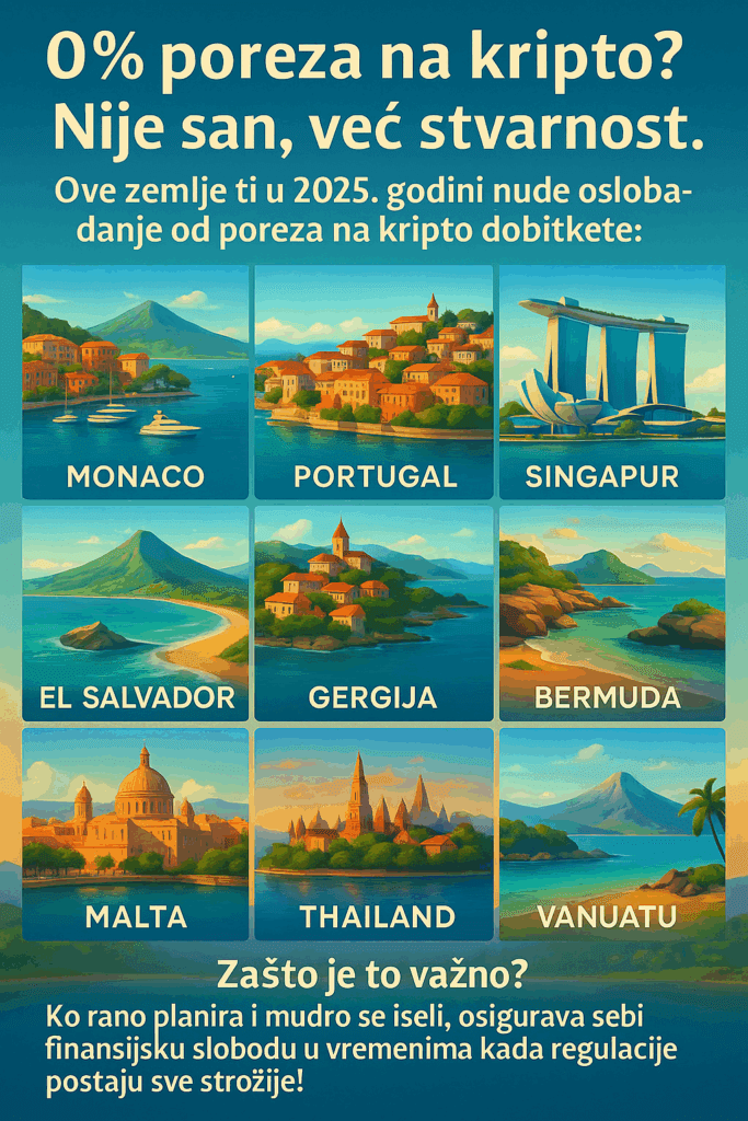Oslobođenje od poreza na kripto dobitke u raznim zemljama 2025. godine.
