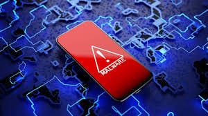 Smartphone malware upozorenje s crvenim ekranom na digitalnoj pozadini. zlonamjerni softver