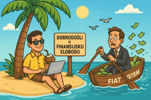 Financijska sloboda na tropskoj plaži; kontrast opuštenog i zabrinutog čoveka.