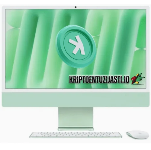 Moderna zelena desktop postava s kripto motivima, s dominantnim novčićem i papigom. predviđanje cijene 