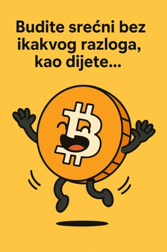 Sretan bitcoin s osmijehom, skakutanjem, žutim pozadinom, filozofskom porukom na hrvatskom.