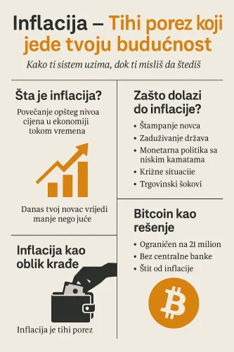 Infografika inflacije: skriveni porez, smanjenje štednje i Bitcoin rješenja. inflacija tihi porez