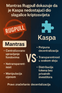 Usporedba kripto projekata Mantras i Kaspa: centralizacija naspram decentralizacije.