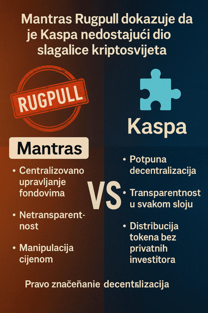 Usporedba kripto projekata Mantras i Kaspa: centralizacija naspram decentralizacije.