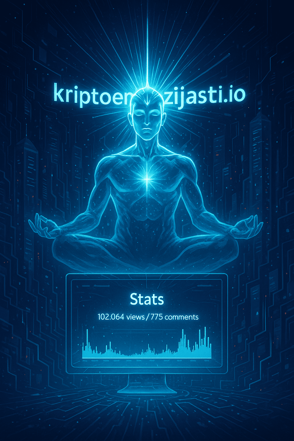 Digitalna meditacija: futuristička figura s plavim svjetlom u tehnološkom okruženju.