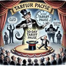 Satirična ilustracija cartoonska, politička scena carina s Uncle Samom i poslovnim interesima.