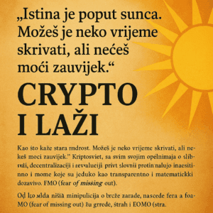 Kripto, istina, laži, decentralizacija, transparentnost, financijska revolucija, ilustracija sunca.