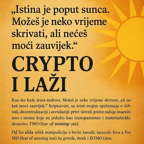 Kripto, istina, laži, decentralizacija, transparentnost, financijska revolucija, ilustracija sunca. Kripto i laži