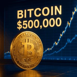 Bitcoin zlatni novčić, vrijednost $500,000, prikaz grafikona, tržišna volatilnost kriptovalute.