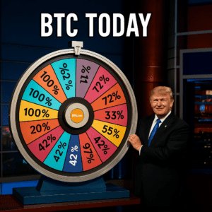 Bitcoin volatilnost ilustrirana na kotaču šarenih postotaka uz voditeljevu prezentaciju.