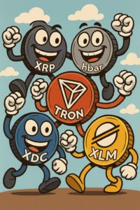 Kartonizirani likovi koji predstavljaju kriptovalute XRP, TRON, hbar, XDC i XLM u vedrom ozračju.
