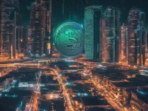 Pakistan Futuristički grad noću s digitalnim kovanicom, modernim neboderima, vozilima i živom atmosferom.