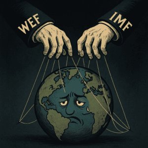 Karikatura o globalnoj manipulaciji Zemljom WEF-a i MMF-a.