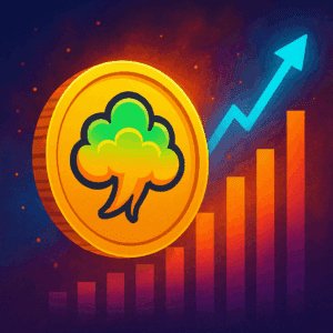 Fartcoin Zlatni novčić s drvetom, grafikon rasta, uspjeh, ekonomski napredak, financijska stabilnost.