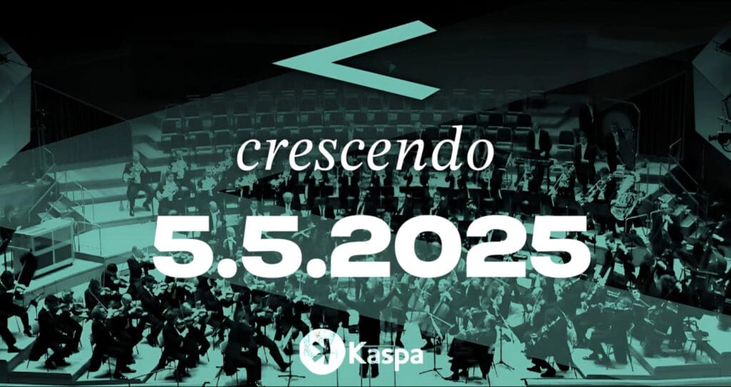 Promotivni plakat za koncert Crescendo 5.5.2025 s orkestrom i Kaspa logotipom.