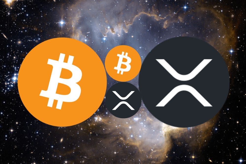 Bitcoin i XRP logotipi na kozmičkoj pozadini, kriptovalute, digitalna inovacija, financijska budućnost.potencijalna reakcija