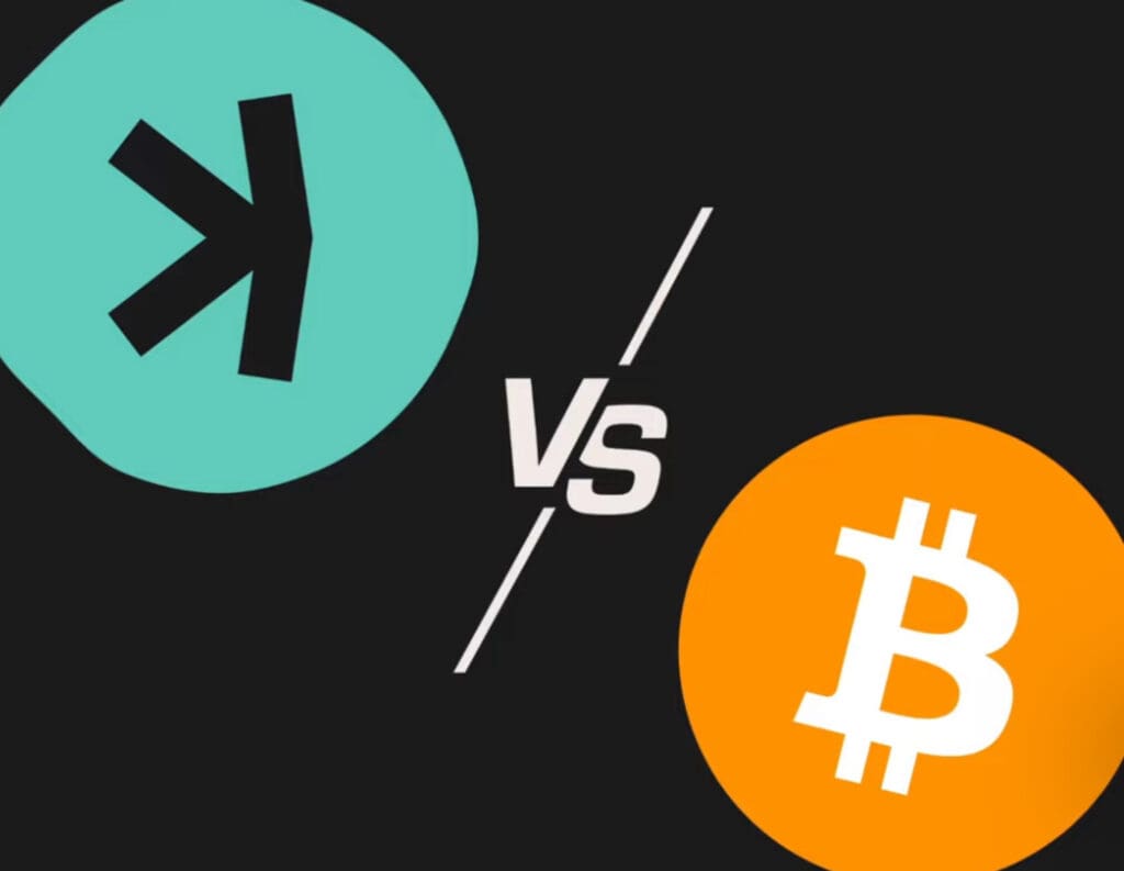 Kirobo protiv Bitcoin kripto usporedba, logotipi na crnoj pozadini za blockchain analizu.kaspa protiv bitcoina