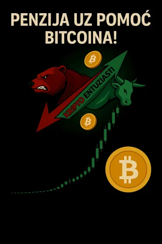 Penzija uz pomoć bitcoina, kripto entuzijasti, bik i medvjed, burzovni grafikon.