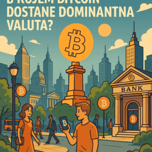 Futuristički grad s Bitcoin simbolom, moderna arhitektura, kripto entuzijastički razgovori.