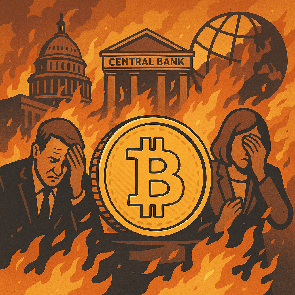 Bitcoin usred financijskog kaosa, uznemireni ljudi i plamen, simbolizirajući globalnu nestabilnost.