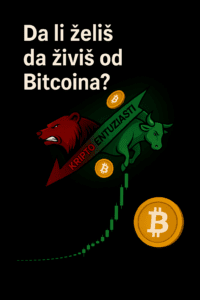 Želite li živjeti od Bitcoina? Medvjed i bik simboli kripto tržišta s Bitcoin grafikon.