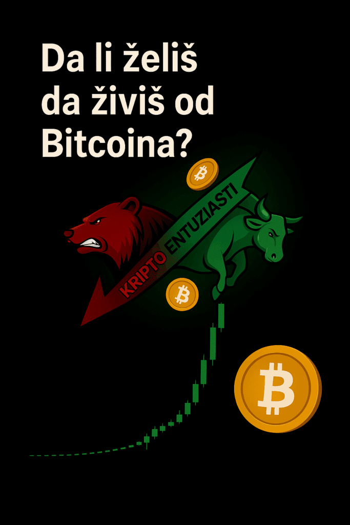 Želite li živjeti od Bitcoina? Medvjed i bik simboli kripto tržišta s Bitcoin grafikon.
