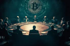 Sastanak o Bitcoinu za okruglim stolom u mračnoj sobi s formalnim poslovnim ljudima.