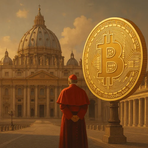 Kardinal ispred bazilike i golema Bitcoin kovanica, spajanje tradicije i tehnologije.