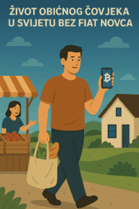 Čovjek s Bitcoinom u ruralnom ambijentu, tržnica i ekološka kupovina.