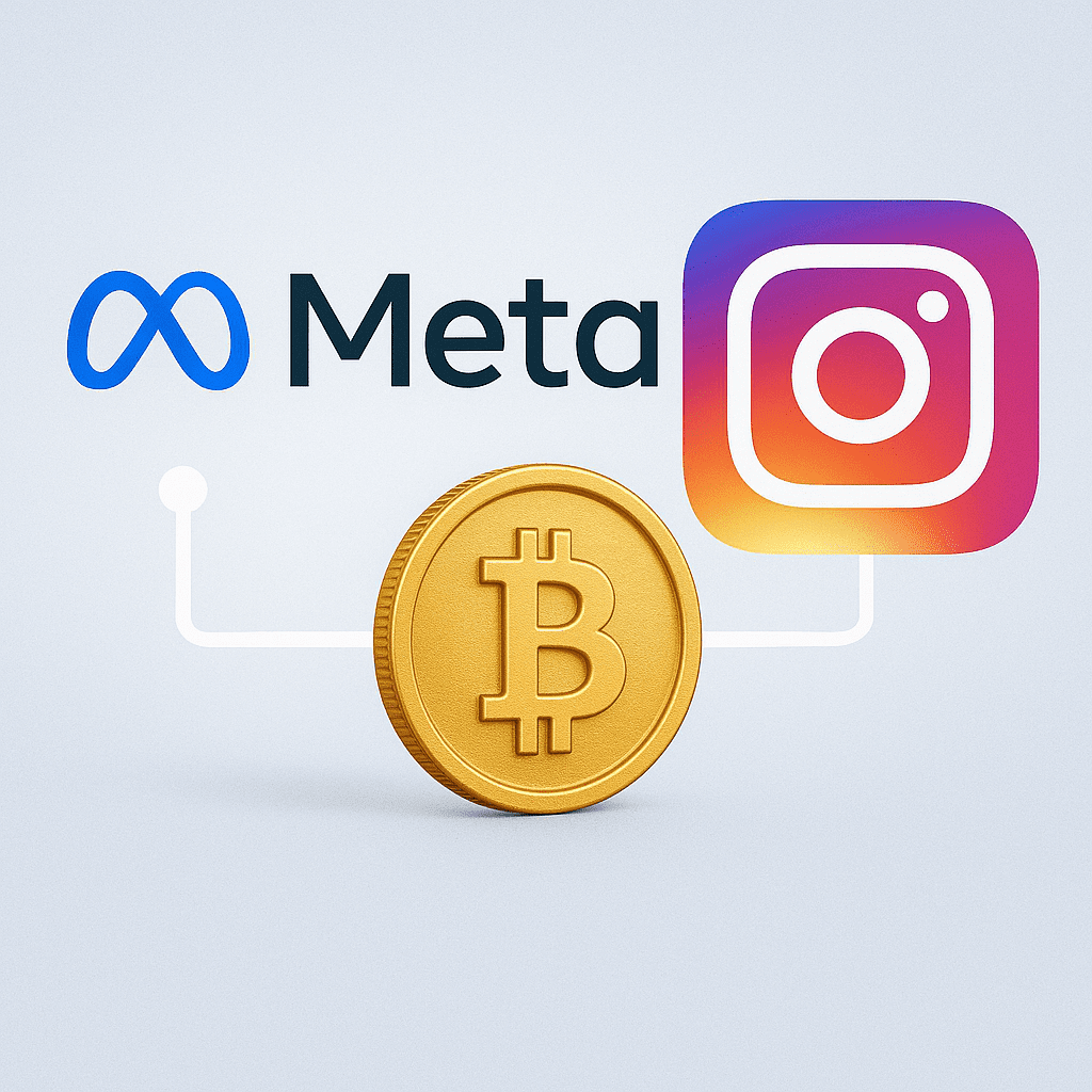 Meta, Instagram, Bitcoin logo, digital currency integration, social media connectivity.