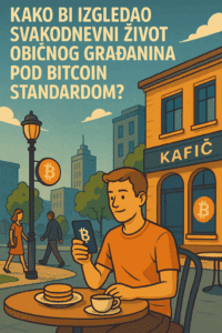Bitcoin u svakodnevnom životu: muškarac koristi kriptovalutu na kafi u gradu.