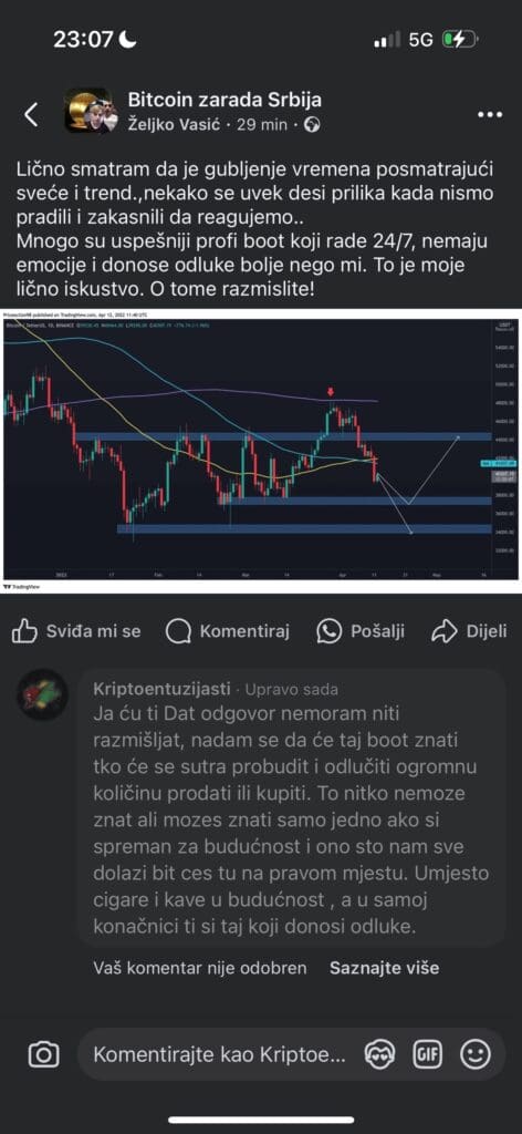 Rasprava o strategijama trgovanja bitcoinom na Facebooku s botovima i tehničkim analizama.upravljanje masama