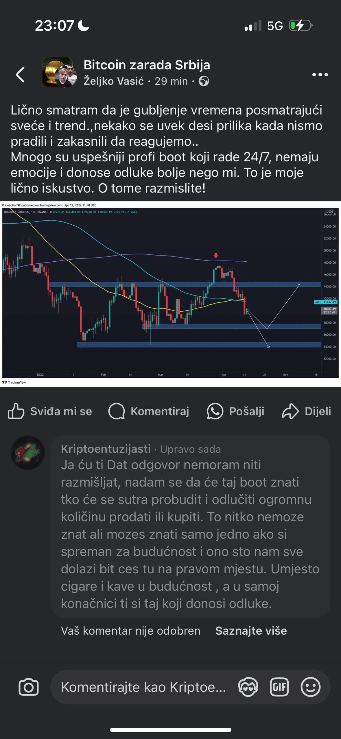 Rasprava o strategijama trgovanja bitcoinom na Facebooku s botovima i tehničkim analizama.