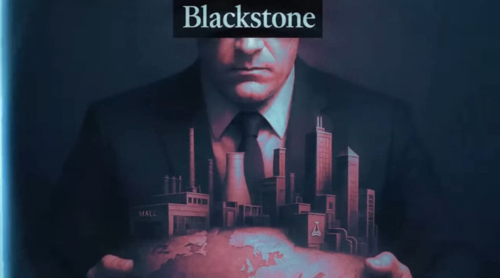 Muškarac u odijelu drži svijet i grad, simbolizira moć Blackstonea, globalni utjecaj korporacija.