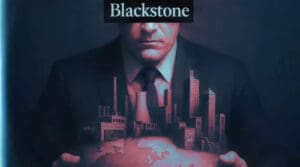 Muškarac u odijelu drži svijet i grad, simbolizira moć Blackstonea, globalni utjecaj korporacija.