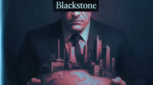 Muškarac u odijelu drži svijet i grad, simbolizira moć Blackstonea, globalni utjecaj korporacija.