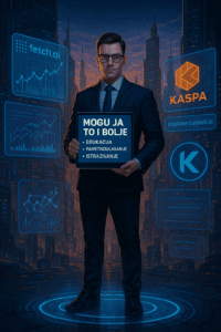 Čovjek u poslovnom odijelu u digitalnom gradu s natpisom MOGU JA TO I BOLJE.