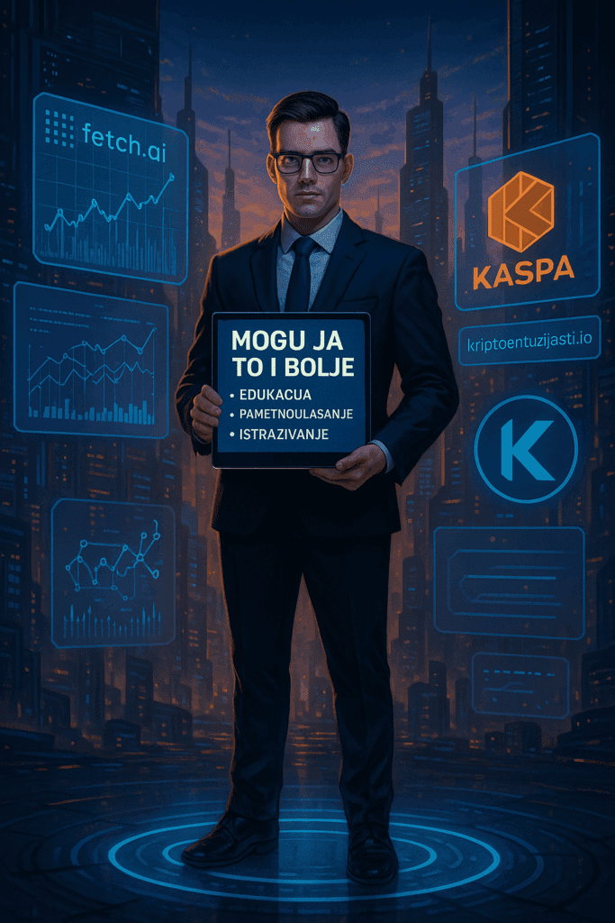 Čovjek u poslovnom odijelu u digitalnom gradu s natpisom MOGU JA TO I BOLJE.