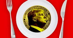 Zlatnik na bijelom tanjuru s crvenom pozadinom, vilicom i nožem, simbol bogatstva.Predsjednik Trump